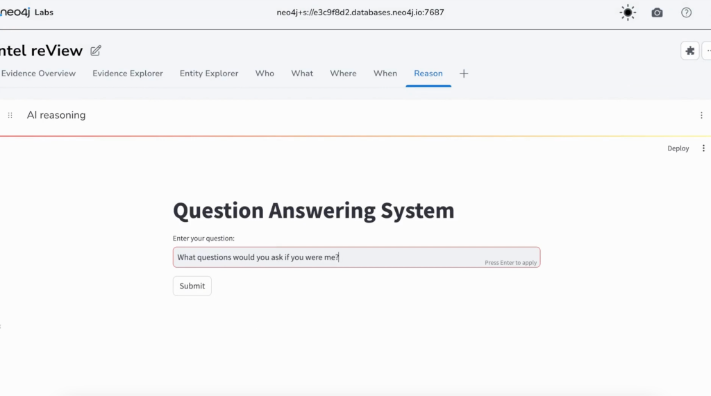 Question in reView’s Question Answering System, powered by Neo4j GraphRAG.